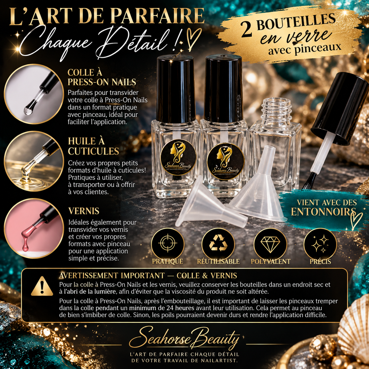 Minis Bouteilles Vides 5ml avec pinceaux + entenoirs (Colles, Vernis, Huiles à cuticules)